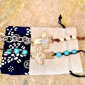 Set of Turquoise & Pearl gold toned beaded metal cross bracelets NEW